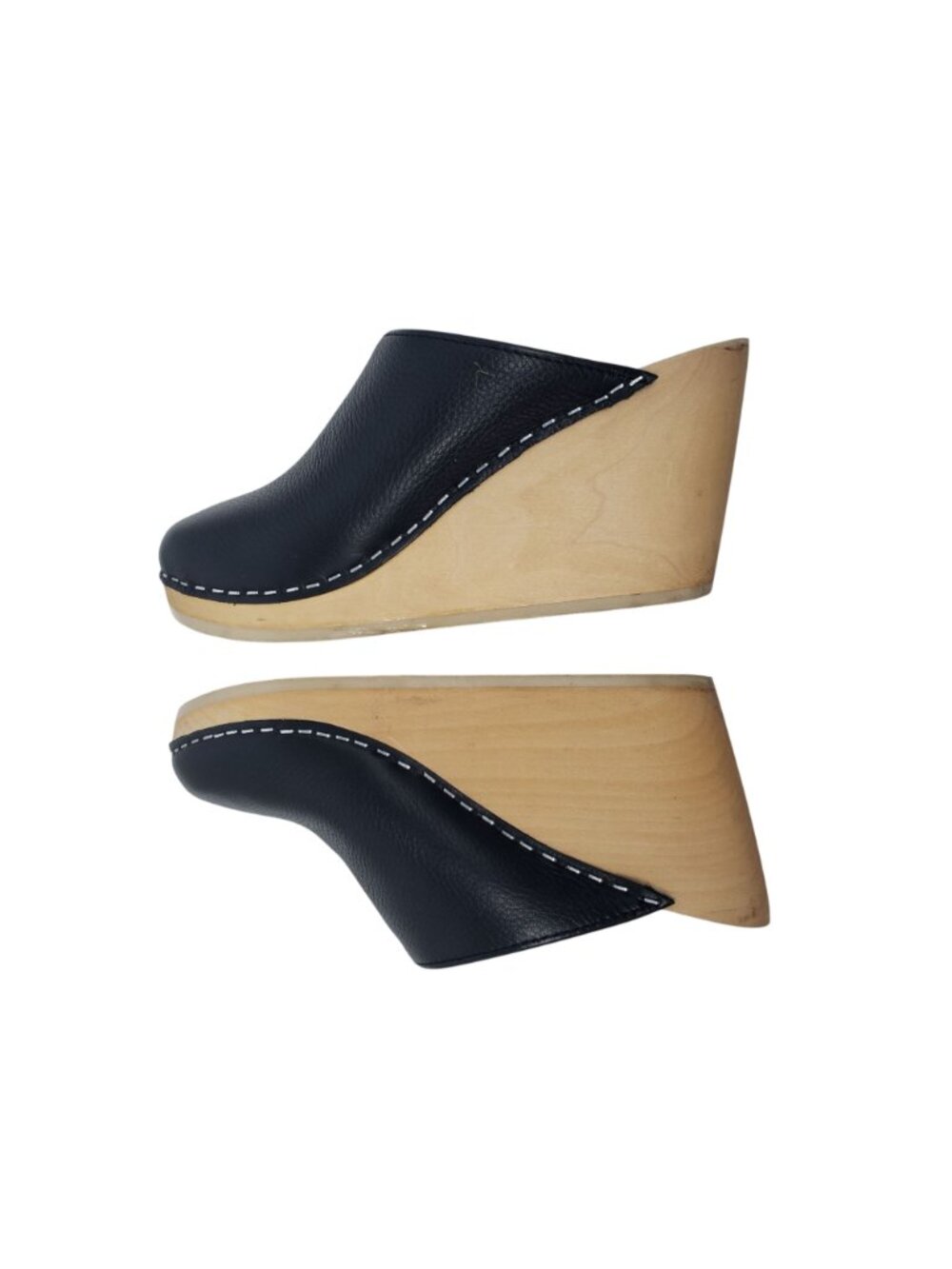 Maguba Swedish Black Leather Wood Wedge Clogs Womens 37 Slip On Fall Cute - Picture 8 of 8
